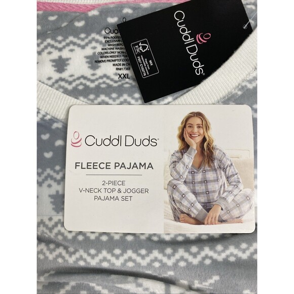 Cuddl Duds Fleece Pajama Set Women Size 2XL V Neck Long Sleeves Gray Snowflake - Picture 2 of 7